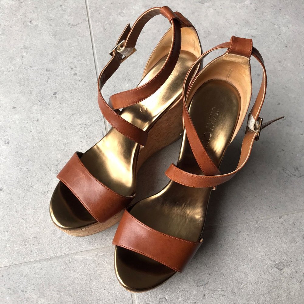 EUC Jimmy Choo Portia Crisscross Cork Wedge Canyon tan leather - Picture 6 of 12